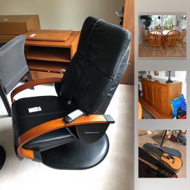 MaxSold Auction: This online auction features furniture such as a corner cabinet, MCM teak dining table, solid wood dining chairs, chairs, dresser, reclining leather chair, TV stand, shadowbox end table, caned chair, accent table and more, bass guitar, inflatable mattress, power tools, Mikasa Intaglio dishes, canister vac, steam vac, roof rack, hockey equipment, air purifier, heaters, toys, bikes, books, wall decor, linens, glassware, Pyrex, George Foreman grill, rugs and much more!