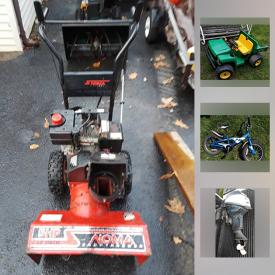 MaxSold Auction: This online auction features sporting equipment such as fishing poles, Schwinn and TREK bicycles, snowboards, youth golf clubs, ski poles, Evinrude outboard motor, and scooter, yard maintenance tools such as Murray snowblower, Craftsman lawnmowers, gardening tools, toys such as Nerf guns, Little Tikes yard toys, Barbie, Fisher Price, Hot Wheels, power tools such as Porter drill set, Makita, circular saw, and Black & Decker drill, outdoor furniture such as patio chairs, pool lounge chairs, and yard bench swing, health care items such as TDP heat lamp, and ankle brace, electronics such as HP monitor, Nikon tablet, Bionaire air purifier, MIDI composer keyboard, and much more!