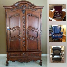 MaxSold Auction: This online auction features furniture such as Thomasville secretary desk, Thomasville chest of drawers, Thomasville wingback chair, writing desk, armoire, La-Z-Boy sectional sofa, and leather recliner, home decor such as Montrex clock, crystal candle holders, framed wall art, lambswool area rug, silverplate such as teapot, sugar bowl, and platter, Oneida platter with bowl and scoops, home appliances such as vacuums by Dirt Devil, Electrolux, Neato, and The Commercial Cleaner, and Bissell steam mop, collectibles such as Vietri, Cobalto y Cobre, Mikasa, outdoor furniture such as patio table with cushioned chairs, and much more!