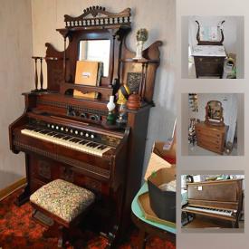 MaxSold Auction: This online auction features an Antique Edison cylinder gramophone, upholstered bench with arms, washstands, stereographs and more! Vintage Brunswick music player, unusual electric guitar, china cabinets, mantle clock, ceramic lit Christmas tree, Singer treadle sewing machine, Bell organs and piano organ and much more! Sterling silver salt n' pepper. China such as Paragon's "Tree of Kashmir" 5 piece service for 10; Royal Doulton "Mystique" service for 6; many tea cup sets and tea pots. Glass and crystal cut/pressed serving pieces, pink and green depression glass, carnival and lustreware, silver overlay and more! Collectible salt n' pepper shakers; opalescent dish; table linens; Qwepie dolls/vintage dolls; crockery; sad irons; keroscene lamps. Art such as Asian themed, watercolour print, original by artist Bill Colnett. Appliances like a Kenmore washer and Beaumark freezer. Tools including vintage, hardware. Lawn and garden and much more!