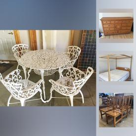 MaxSold Auction: This online auction features shop lights, ski equipment, cast iron patio set, stone top table, antique oak throne chairs, a leather couch, porcelain dolls, vinyl Albums, Lexington dining room table, vintage toy chest, and much more!