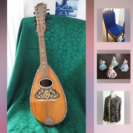 MaxSold Auction: This online auction features musical instruments such as vintage mandolin, decor such as wall tapestry, copper coal scuttle, Josef Originals figurines, table lamps, and signed prints, furniture such as rocking chair and vintage end tables, fashion such as Chinese brocade top, scarves, metal mesh purses, costume jewelry and watches, and much more!