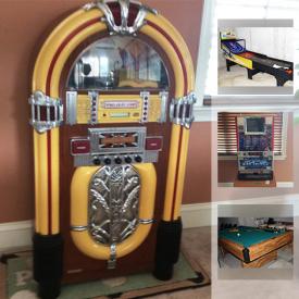 MaxSold Auction: This online auction features a juke box radio/CD player, ornate corner curio, oak hall tree, skee ball table, pool table, kids play table, Step2 toy box, Little Tykes basketball net, abDOer Exerciser NIB, and much more!