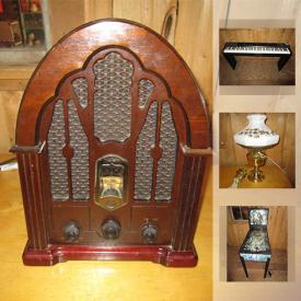 MaxSold Auction: This online auction features Vintage style GE radio, Aladdin Lamp, K'nex, Closet Doors, Floral Art, Vintage Magazines, Pin Ball, Vintage Stereo/Record Player, Bird Decoration, Hunch Back of Notre Dame figure, Keyboard and much more!