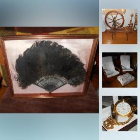 MaxSold Auction: This online auction features antique Edwardian ostrich feather fan, antique spinning wheel, vintage loom, furniture such as IKEA chairs, vintage French Provincial chair, and antique oak barrel table, kitchenware, small appliances, DVD players, fishing equipment, vintage cameras, Brendel home theatre, leather jackets, 14k gold-filled pen and much more!