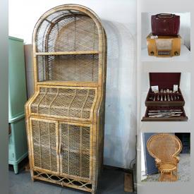 MaxSold Auction: This online auction features Wicker Secretary/ Shelf Unit, Copper Kettle, Napkin Rings, Wooden Vase, Vintage Radios, Handprinted decanter set, Vintage Party Glasses, Vintage Silver Filigree on Glass Lot, Large Shell Lamp, Tinkertoy and much more!