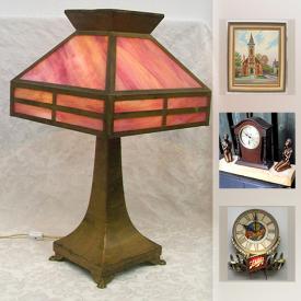 MaxSold Auction: This online auction features Arts and Crafts style stained glass lamp, antique Niagra Falls motion lamp, Session propeller Clock, Antique Roseville vase, marble top occasional table, antique cloisonné vase, mid century chrome lamp, metal WWII soldiers, Ohio Tool antique wood block plane, Aboriginal figurative rattle, Imari ware vases, Bohemian glass vase, stained glass table lamps, spider light with art glass shade, Hawthorne Village Houses, antique easel, antique Regulator clock, Art Deco Chrome Airplane lamp, and much more!