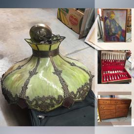 MaxSold Auction: This online auction features an Industrial glass and steel table designed by Marilyn Hamel. An iron and slag glass chandelier. Mexican, Asian and Portuguese ceramics. Collectible Hallmark Wizard of Oz; perfume bottles. 2 Charlie Pachter signed prints, Oil by Carole Walker and much more!