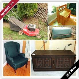 MaxSold Auction: This auction features arm chair, closet organizer, IBM Selectric typewriter, cedar chest, teak cabinet, Royal Albert dishes, Kenmore stove, couch, wing chair, crystal ware, vintage camera equipment, Kenmore microwave, lawn mower, rain barrel, and more!