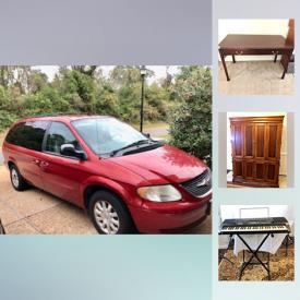 MaxSold Auction: This online auction features a 2003 Chrysler Town & Country van. Hooker Furniture Co. office armoire, 2 pairs solid oak pub style armchairs, 2 pairs outdoors metal captains chairs. Dell tablet and a Kindle. Collectible decor eggs, Beanie Babies, sports memorabilia, action figures. Sporting goods such as swim fins and water resistant gloves; CCM ice skates. Yard and Garden such as a Craftsman gas lawnmower and more!