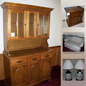 MaxSold Auction: This online auction features Hutch, Octagon Coffee Table, Brown Jug Table Lamps, Phone Table/Cabinet, bed, Love Seat, Clock, Picture, and much more!