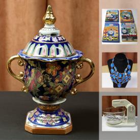 MaxSold Auction: This online auction features Vintage Glass such as a Retro lemonade set, Pyrex, FireKing and 40's Federal Glass Co "Wigwam" double candle holders, Carnival and art pieces. Crystal including Bowring candleholders. Portmeirion jugs and vases, 44 Pieces Johnson Bros "Victorian" dish set. Collectible ceramics such as Inaroo, Japan scalloped fruit dish; trinket boxes made from all kinds of materials; vintage brass-look banks, piggy banks and copper crumb pans; Blue Mountain Pottery. Art such as a series of four framed photos of the Grand Canyon, signed Asian piece. Indoor / outdoor "rock" speakers. A vintage chrome fruitpunch bowl and red cups; vintage inkwel. Sterling Jewelry, vintage costume, watches and an amber strand and much more!