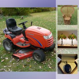 MaxSold Auction: This online auction features Simplicity lawn tractor, furniture such as leather chair and settee, brass such as covered dish, vases, and tray, silver such as tea pot, cream and sugar pots, decor such as stained glass table lamps and ceiling fixture, jewelry such as pearls, silver, diamond necklace, and costume jewelry, and much more!