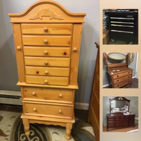 MaxSold Auction: This online auction features Small Kitchen Appliances, Power Tools, TVs, Temptations Ovenware, Depression-era Glassware. Kobalt Toolbox, Antique Wooden Dresser, Vintage Smokers Table, Lingerie Chest, Jim Beam DecanterS, Gem Stones, Gas Grill, Framed Art, and much more!