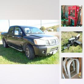 MaxSold Auction: This online auction includes 2004 Nissan Titan, power tools such as Carolina industrial press,Sears circular saw, skil router, Ryobi cordless drill, and Delta electric grinder, modern wardrobe, electric fireplace, 32” Samsung TV, renovation materials such as vinyl framed windows, NIB American Standard toilet, interior doors, lumber, and vinyl flooring, farming equipment such as grain auger, well pump, and electric fence supplies, Whirlpool refrigerator, Forest King wood splitter, small kitchen appliances, ATV snow plow blade, and much more!