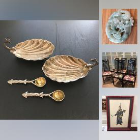 MaxSold Auction: This online auction features Jade pendant, Egyptian Silver salt dishes, antique English Derby cup and saucer, Chinese Foo Dog, vintage piggy banks, Celestron spotting scope, construction work lamp, vintage marbles, Chines silk embroidery, vintage Chinese prints, Chinese dragon teacup, Chinese Ruyi scepter, Bohemian Crystal decanter and much more.