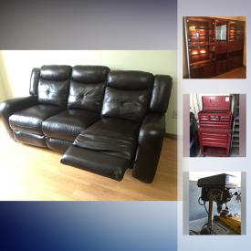 MaxSold Auction: This online auction features an Italian Leather reclining sofa and matching theatre-style reclining loveseat, Jessen Frokjaeras Danish coffee table, lighted wall unit with locking liquor cabinet, Sklar Pepplar dining table, chairs and sideboard. Auto mechanic tools. Campbell Hausfeld portable 20 gallon air compressor with impact hammer, air guns / rachets/ various heads. Power tools such as Craftsman plane; Bosch 3-piece set - reciprocating / circular saws, drill; Black and Decker Jig / Circular saw; Delta Drill Press; Dremel; Rockwell Bench Grinder; Dewalt Angle Grinder - hand tools, tool boxes and chest plus more! Maytag upright freezer, like new Masterchef mini fridge. Electronics such as a vintage stereo console, Dell and IBM computer components. An unusual dresser - part of a bedroom suite. Blue blown Mexican stemware, pink crystal champagne, Romanian 2 ewer set with 5 glasses. Back yard items such as a Masterchef gas BBQ, statue / fountain, patio table and chairs, yard tools and much more!