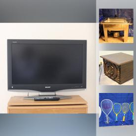 MaxSold Auction: This online auction features 31” Sharp TV, furniture such as wooden chest of drawers, wooden table with chair, metal bookcase with glass sliding doors, and TV stand, wall art, floor lamps, kitchenware, NordicTrack, racquetball rackets, and much more!