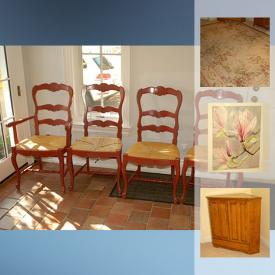 MaxSold Auction: This online auction features window treatments; lighting fixtures; a vintage washstand; carpets; Art such as signed watercolours by artists Merryn Carter and SS Finlay plus an antique, botanical prints. Gold finished mirrors. Rush seat dining chair set or 4 and more!