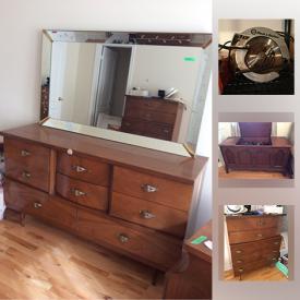 MaxSold Auction: This online auction features an Antique Singer treadle sewing machine in table. Vintage Leonard fridge; bed and table linens, Pyrex; suitcase. Several bedroom suites, Basset cherry finished china cabinet, dining table and chairs, Vintage arm chairs, tufted back sofa and chair, double mirror-door Armoire. China such as a 22K gold finish Genex tea set, Janelina, Poland service for 12 plus serving pieces. Admiral chest freezer. Tools such as a King grinder, Black and Decker circular saw, bench vise, Mitre box, hand tools and bags and more. Wine making equipment. CCM stationary bike and much more!