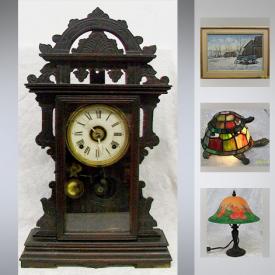 MaxSold Auction: This online auction features Art such as signed watercolours, oils and acrylics by listed artists. Arts and Crafts and Art Deco Lighting. Antique Gingerbread clock. Glass such blue Carnival, Waterford decanter, Lalique 'Santa Maria' ship plate, anchor Hocking Vaseline bowl set of 3, large cranberry vase. Wade 'Black Velvet' china tea set. Games such as chess, Bocce, poker chips and more!