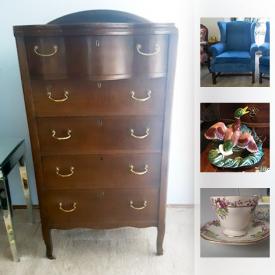 MaxSold Auction: This online auction features Tea Cups, Decanter, Chinese Blue and White Ceramics, Antique French Provincial Accent Chair, Vintage Naugahyde Hide A Bed, Antique Dresser and much more!