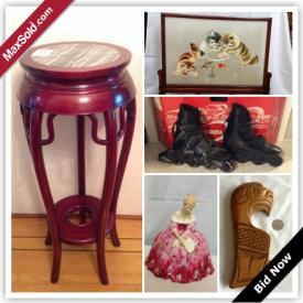 MaxSold Auction: This auction features Royal Doulton Victoria figurine, glassware, Chinese vase, carved elephants, decorative vase, Indian art, electronics, Royal Doulton china, collector decanters, accent table,  rosewood marble inset pedestal, beveled wall mirror, Northumbria and Towle sterling silver, and more!