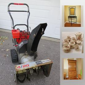 MaxSold Auction: This online auction features Furniture such as a Knoll/Reff large boardroom/dining table, Hayworth stackable chairs; a Pine bedroom suite by Elnora Furniture Co. Sears Craftsman snowblower; Metalbuilt upright dolly; extension ladder. China such as a vintage Monopoli demitasse/espresso coffee set for 10, Flores Italian espresso set. Glass serving pieces - Royal Doulton 8.25" bowl, Lenox decanter. Collectible Cabbage Patch doll; National Geographic magazines; Royal Doulton figurine; signed ornamental wood duck decoys. Electronics such as a Samsung 15" and LG Flatron monitors. Sporting goods such as men's CCM and Bauer ice skates; Callaway golf bag with stand; Ladies Super cycle 24" bike. Sewing fabric, notions, books and more!