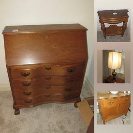 MaxSold Auction: This online auction features Vintage Furniture such as a MCM sofa and coffee table; oak buffet, server and desk with chair; Van Sciver secretary/desk; Kitchen table and metal cabinet; 57" bed. Stiffel lamps and a vintage milkglass hobnail. Heat Surge electric fireplace and White sewing machine in table. Haviland China, Lustreware tea set. Glass and Crystal - pink swirl, cobalt, etched. Collectible Hall and Hull pottery; vintage dolls; LPs and more!