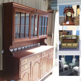 MaxSold Auction: This online auction features a painted hall bench, vintage chiming pendulum clock, leaded glass light fixture, carnival glass, battery charger, lidded marble candy dish, Snow Village buildings, vintage child's ride on tractor, shot glasses, welding kit, Washington Redskins memorabilia, outdoor dining set and more.