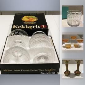 MaxSold Auction: This online auction features Swedish, Finnish and Italian GLASS serving pieces, vases and art; Tiffany ice bucket; Rogaska signed crystal bowl and more! NIB Wedgwood "Pennine" service for 8; vintage Arklow. Collectible teak and MCM serving pieces. 14K gold JEWELRY as well as Swarovski and Baccarat Nautilus pendant necklace. ART such as Mats Jonasson etched sculpture and paperweight; R Herdman-Smith coloured etching. Vintage French copper Teraillon scale; Decca acoustic guitar and more!