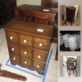 MaxSold Auction: This online auction features furniture such as chairs, dining hutch, loveseats, cabinets, bar stools, and end tables, decor such as milk glass, table lamps, holiday decorations, Avon glassware collections, carnival glass, Bohemian glassware, and hurricane lamps, luggage such as American Tourister and much more!