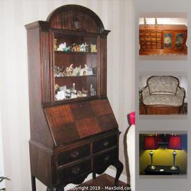 MaxSold Auction: This online auction features Painted Italianate china/display cabinet, unusual square column glass display shelf with brass top, vintage drop front secretary, vanity table with stool and enamel - top kitchen table; 2 dining table and chair sets; bedroom furniture. China such as Six Lenox "Citation" 5-piece placesettings and "Courtland" dishes; 20 piece black and gold tea set; International China "Elegance" service for 7; Royal limited "Holly Holiday" service for 4 plus another holly themed set that compliments as well as a Gibson Chistmas dish set. Collectible brass and copper including a 6 piece brass coffee and tea service. Electronics such as a Vizio 31" and Samsung 32" TVs; Stereo components. Kenmore chest freezer. Ladies Schwinn bicycle. Murray Select riding lawn mower, yard tools. Aluminum patio set; outdoor cooker; Chiminea, Handmade afghan and much more!