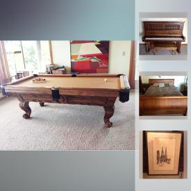 MaxSold Auction: This online auction features an antique Steinway piano. Solid wood pool table with two fancy pool cues and accessories. Solid wood queen sleigh bed, Ralph Lauren sofa and love seat in sage green, Heirloom chocolate brown sleeper sofa. Art such as an original paper collage and limited edition print by artist Arthur Grossman. Large collection of women's Eileen Fisher Clothing. First edition books featuring art, history and travel. Yard and Garden such as a Homelite chainsaw and yard tools; many live plants and pots and much more!