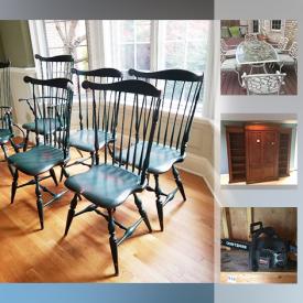 MaxSold Auction: This online auction features Furniture such as Four green painted Windsor back dining chairs, set of four upholstered dining chairs, Oak trestle dining table, metal Bakers rack, outdoor aluminum and glass dining table and chairs, and two sets Bistro sets. Antique American Racer sled. Cape May house themed art by artist John David Halley. Yard tools including a Craftsman 16" chainsaw and more.