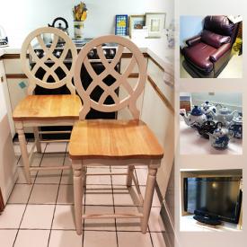 MaxSold Auction: This online auction features dining table and chairs, area rug, framed mirror, cups and saucers and other servingware, costume jewelry, drape, floral prints, Barcalounger, vintage gloves, wicker trunk, Limoges, art poster, desk, steins, Vizio TV and more!