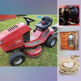 MaxSold Auction: This online auction features a Toro 38" lawn tractor with Gorilla cart, yard tools, yard art, Amish-made porch swing and Sky Chair, patio storage box. China such as a Meito, Japan service for 12 plus serving pieces, holiday dishes. Glass and Crystal such as a Arcoroc Pink Swirl service for 8 consisting of 9 piece place settings; Anchor Hocking cut glass pedestal punch bowl set; vintage 50's soda fountain malt glasses and banana split boats; Sasaki crystal champagne flutes. Furniture such as laminate kitchen islands, buffet, cabinets, work table, wardrobes; a grey settee and chalk-painted double dresser. Collectible 1930's Sieber black rubber Mickey Mouse figure; table linens; vintage Sawyer View master with reels; tins; souvenir spoons. Emil Socher signed soapstone carving. Jewelry such as a vintage James Avery necklace, costume and more!