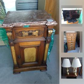 MaxSold Auction: This online auction features furniture such as marble top cabinet, swivel rocker arm chair, Barrymore sofa, and dresser with mirror, Sony 32” TV, table lamps, kitchenware and more!