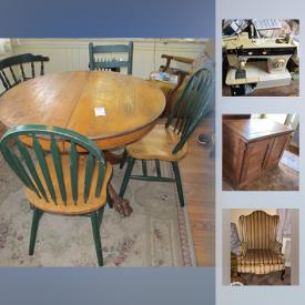 MaxSold Auction: This online auction features vintage furniture from This End Up such as a wood cabinet, bookcase, loveseat, table and chair set and more, file cabinets, wingback chair, desk and other furniture pieces, art, cords and tote, office supplies such as a shredder, computer and more, baskets, tray tables, books, VHS, punch bowl, plants, propane grill, swing, bench, basket chests, fireplace heater, fridge and microwave, decor, window AC unit, Atari flashback, seasonal decor, power tools, yard tools, vintage sewing machine and much more!