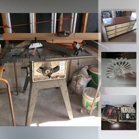 MaxSold Auction: This online auction features Tools such as a Craftsman Table Saw, Delta Bench Saw and Drill Press, Skil saw, ShopCraft Bench Grinder, 3 gallon air compressor, saw horses/Workmate, plumbing /electrical / painting supplies, hardware, many handtools / toolboxes, utility shelving, hand trucks, 2 extension ladders and more! Furniture such as vintage wardrobe and MC dressers; desks; many bookcases. Appliances such as a fridge and upright freezer. Depression Glass and Crystal serving pieces, Collectible Swarovski crystal figurines; Dolphin collection; Hudson Bay blanket; Cherished Teddies; LPs; souvenir spoons and decor plates; vintage Pyrex and aluminum trays. China such as a black and floral tea and coffee set; "Snowwhite" dish set; many "one of's." Self help, healing books and massage table. Christmas decor. 2 Sentry safes with keys. Wine rack and much more!