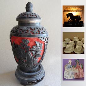MaxSold Auction: This online auction features Chalet glass footed bowl, Goebel porcelain vase, Blue Mountain Persian cat, Royal Doulton figurine, collectible plates, Hummel lamp, brass candle holders, vintage domed glass in metal frame and much more!