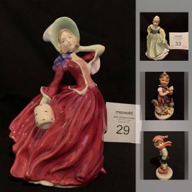 MaxSold Auction: This online auction features Collectible Royal Doulton lady figurines, Royal Doulton and Beswick dog figures, and Goebels; brass miniatures and a Lemax train. Bessie Pease Gutman ART prints, framed Lobby Cards. Electronics such as a vintage Grundig "Fleetwood" stereo console, vintage Atari system in original box; Insignia computer speakers and subwoofer. Sewing patterns including costume, dance and craft - most new / unused; fabric, notions and more!