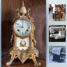 MaxSold Auction: This online auction features an Antique Sheraton drop front desk, Antique Ormolu clock, Architect drafting tools. Vintage Opalescent blue and hobnail glass, milk glass. Minton china service for 8. Furniture such as a Unique wood dining table, 6 chairs and hutch suite; 5 piece bedroom suite; mobile wardrobe/coat rack and more! Southwestern inspired ART, stained glass panel, window and shade, original oil on canvas signed James W Maddocks. Electronics such as Playstation 2 with games and accessories, Nintendo accessories; vintage Argus projector; Brother sewing machine; audio/visual components; Kindles and more! Collectible LPs; train sets and scenery; Beatles; toys including an ET doll. Exercise equipment such as a Schwinn BioFit recumbent bike, iFit enabled treadmill, Schwinn folding bicycle. Camping gear. Stringed musical instruments and harmonicas. Tools such as a Homelite generator, Dewalt and Black and Decker power tools; Pro Steel tool chest. Yard and Garden such as a Toro and Homelite lawn mowers, plus a reel push mower and a tiller and more! Porch swing, iron table and chair sets and more!
