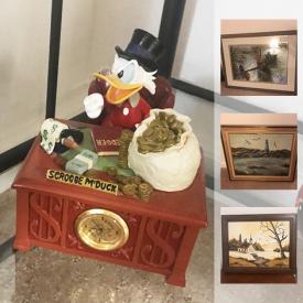 MaxSold Auction: This online auction features an oak drop leaf table, bird figurines, jewelry armoire, nesting dolls, outdoor bistro set, vintage travel bar, cherry antique side table, carved bookends, vintage Disney bank, vintage Lane Cedar chest, assorted art, many pieces signed and numbered and more.