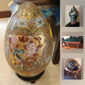 MaxSold Auction: This online auction features billiards pool table with accessories, collectibles such as vintage oriental Cloisonne egg, Asian stone decor, and Lenox, art such as paintings on canvas, framed print, and Chinese calligraphy, electronics such as 62” Sony TV, Sharp Aquos 60” 3D TV, and HP desktop, furniture such as Hampton Bay outdoor furniture, sectional couch, queen size bed with bedding, and leather recliner couch, area rugs, small kitchen appliances, graphic novels, books and much more!