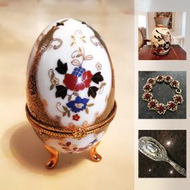 MaxSold Auction: This online auction features Bone China tea cups, vintage Sterling Silver hair brush, vintage costume jewelry, pressed flower choker, Italian windsurfer figurine, antique Wood and Son semi porcelain pot, silk scarves and more.