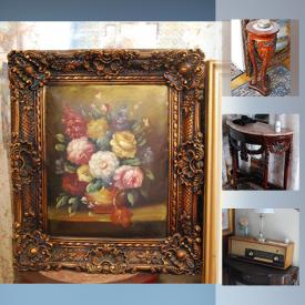 MaxSold Auction: This online auction features art such as landscape art, still life and mirror, decorative mirrors, antique chairs, antique radio, antique typewriter, blue carpet and other rugs, coffee table and more!