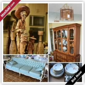 MaxSold Auction: This auction features painting, upholstered couch, two swag lamps, carpet, sideboard, curio cabinet, figurines, ceramic urns, Bernadotte porcelain china Czechoslovakia, china cabinet, silver plate, games, books, leather armchair, kitchenware, steins, highboy dresser, and more!