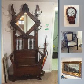 MaxSold Auction: This online auction features Antique and Vintage furniture such as a hall tree, mirror with display shelves, stone/marble top sideboard, side tables, dressers with mirrors and bed, chest of drawers, drop-front desk; lighting and more! Antique black floral teapot. Vintage Anglo-American wall clock. Glass such as a Carnival bowl, Silver overlay pitcher. Vintage Appliances such as a Beaumark upright freezer, Maytag fridge, Tappan stove. Folding picnic table and benches and more!