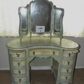 MaxSold Auction: This auction features antique vanity with mirror, curio cabinet lighted, antique plant stand table, hand painted silk screen, oval beveled glass top table with wrought iron base, light brown rocker recliner, Drexel double lighted china cabinet, Asian style dresser by Davis Cabinet Company, swivel tufted vanity chair, and more!